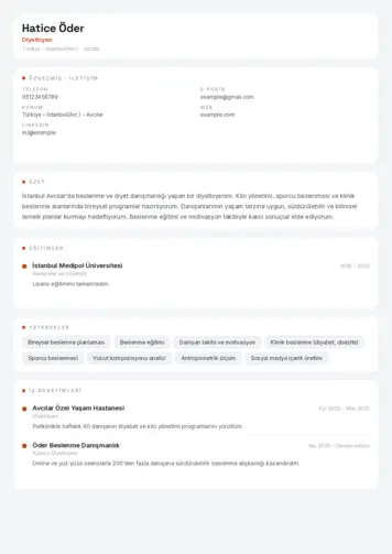 Beslenme Uzmanı Diyetisyen CV Örnekleri cv indir